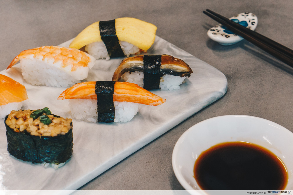sushi with soy sauce