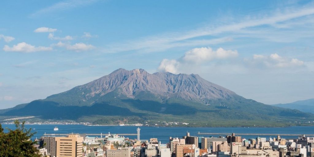 Mountains in Japan - view of sakurajima from Kagoshima city