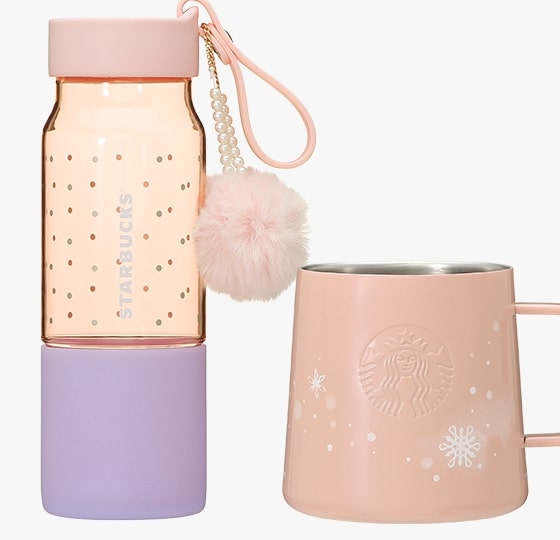 starbucks japan pastel christmas 2020 - bottle with pompom charm and mug