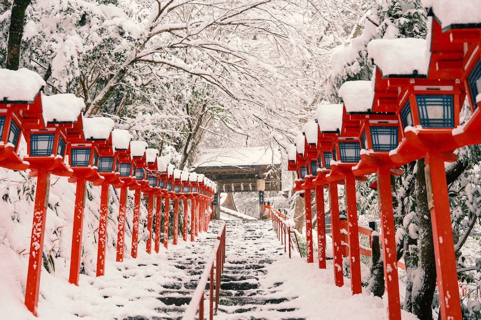 kifune shrine - stone stairs covered in snow