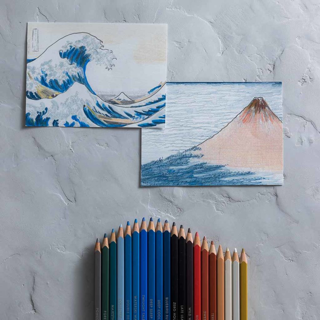 Felissimo Hokusai coloured pencils - coloured hokusai postcards