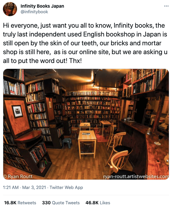 Infinity Books closing down - twitter post