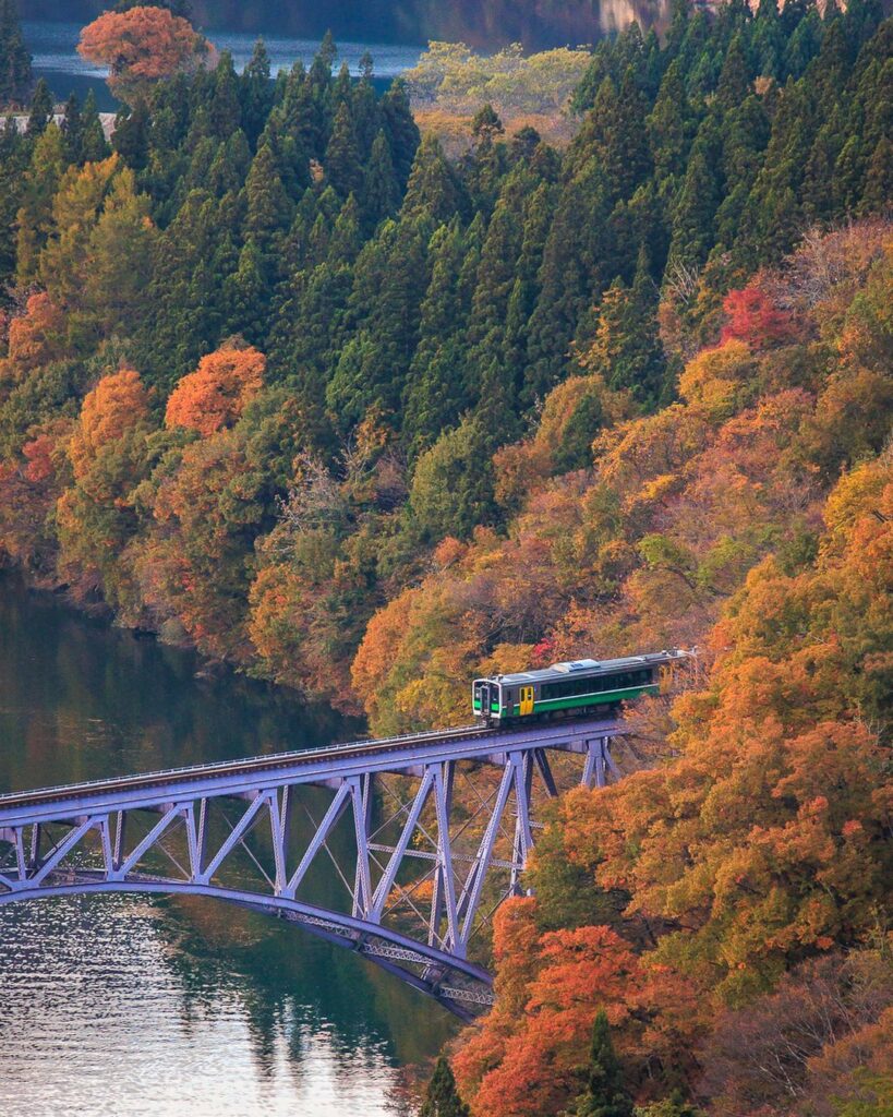First Tadami River Bridge - passing train in autumn