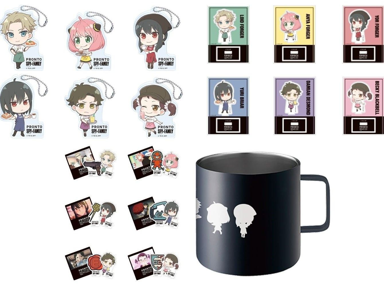 Pronto Cafe - spy x family merch consisting acrylic stands, acrylic keychains, thermo mugs and, sticker sets