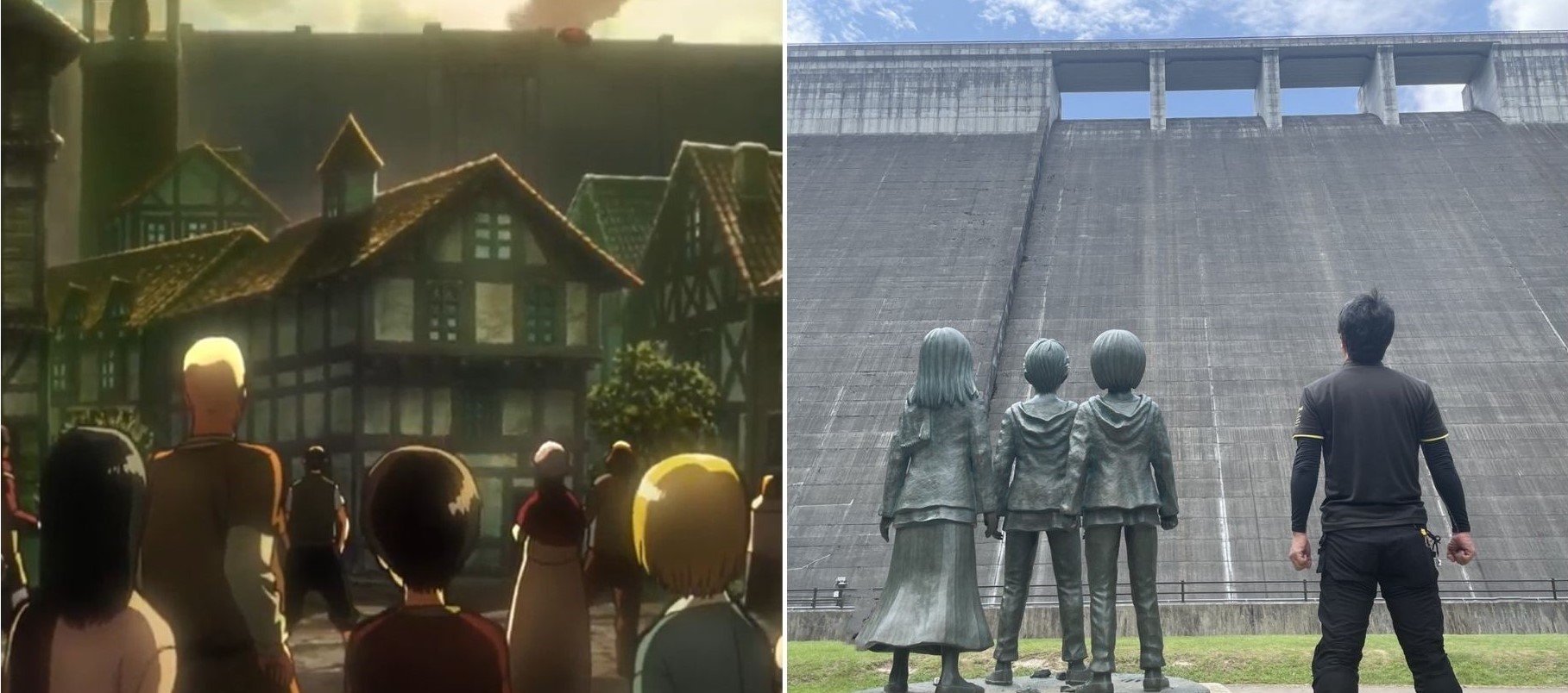 Attack on Titan in real life - collage of comparison between anime and irl fall of wall maria scene