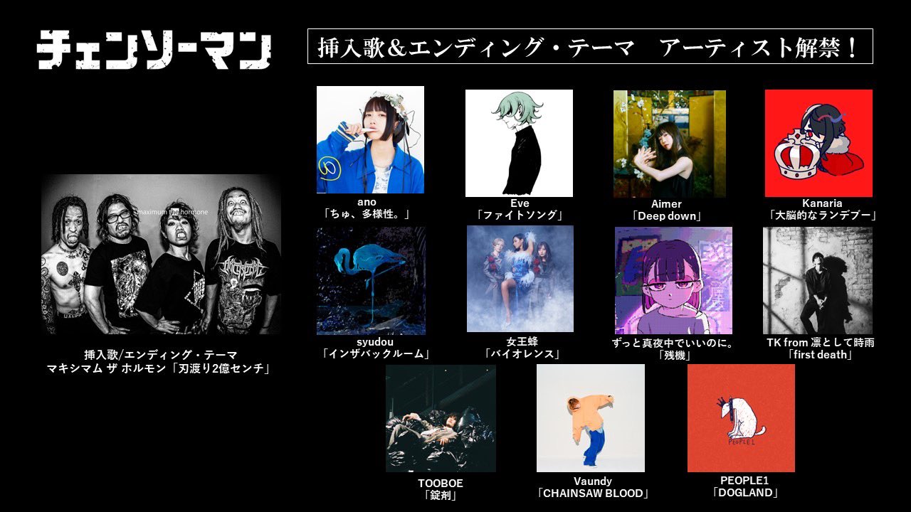 Chainsaw Man anime - artist line up for theme songs
