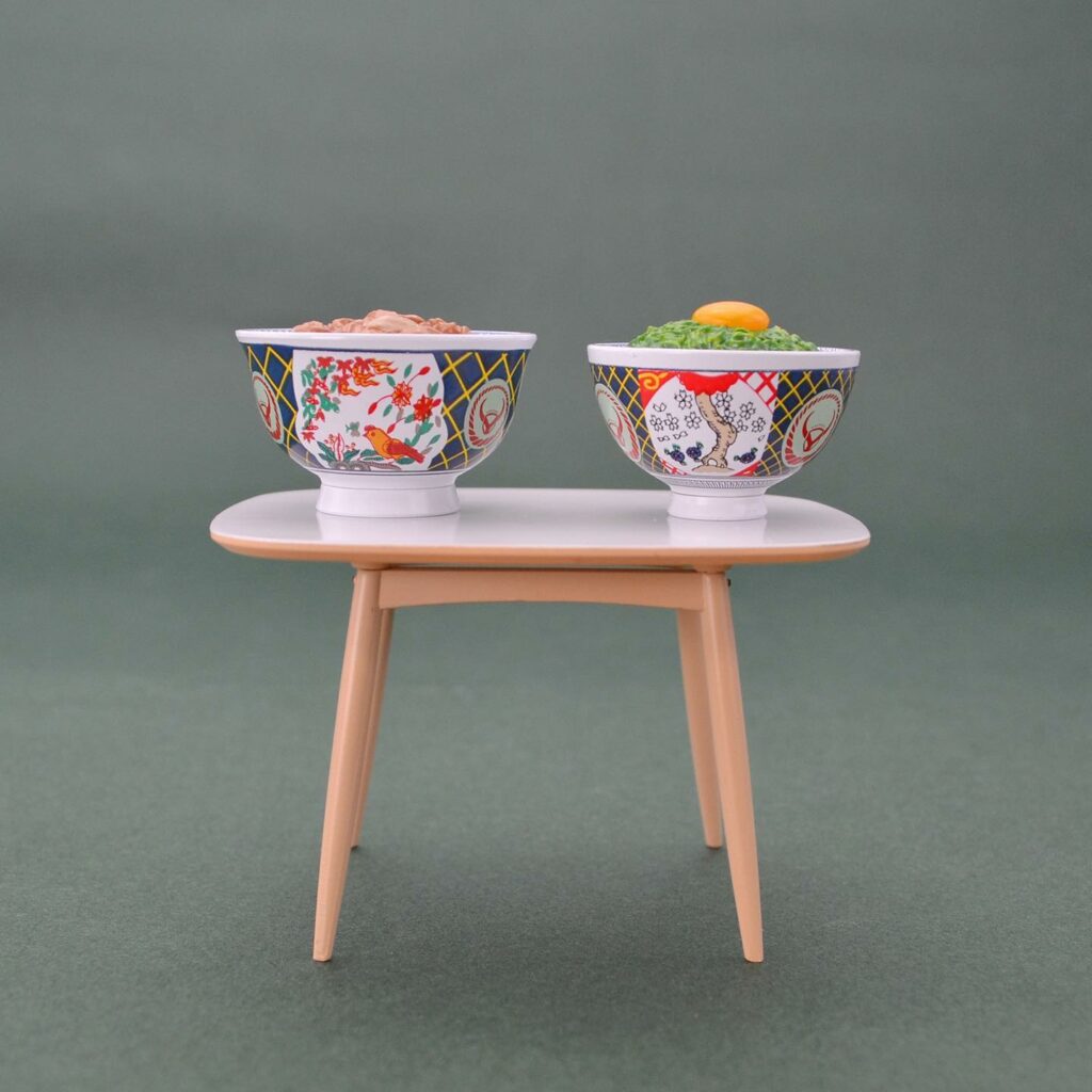 Yoshinoya capsule toys - mini rice bowls on mini table 