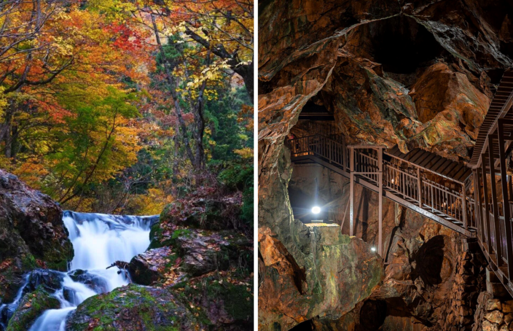 Tohoku Onsen Villages - Shirogane Park waterfall and mining tunnel