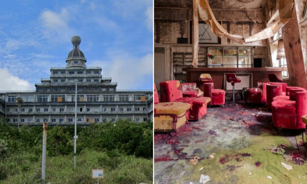 Abandoned places in Japan - Collage of Hachijo Oriental Resort exterior & interior