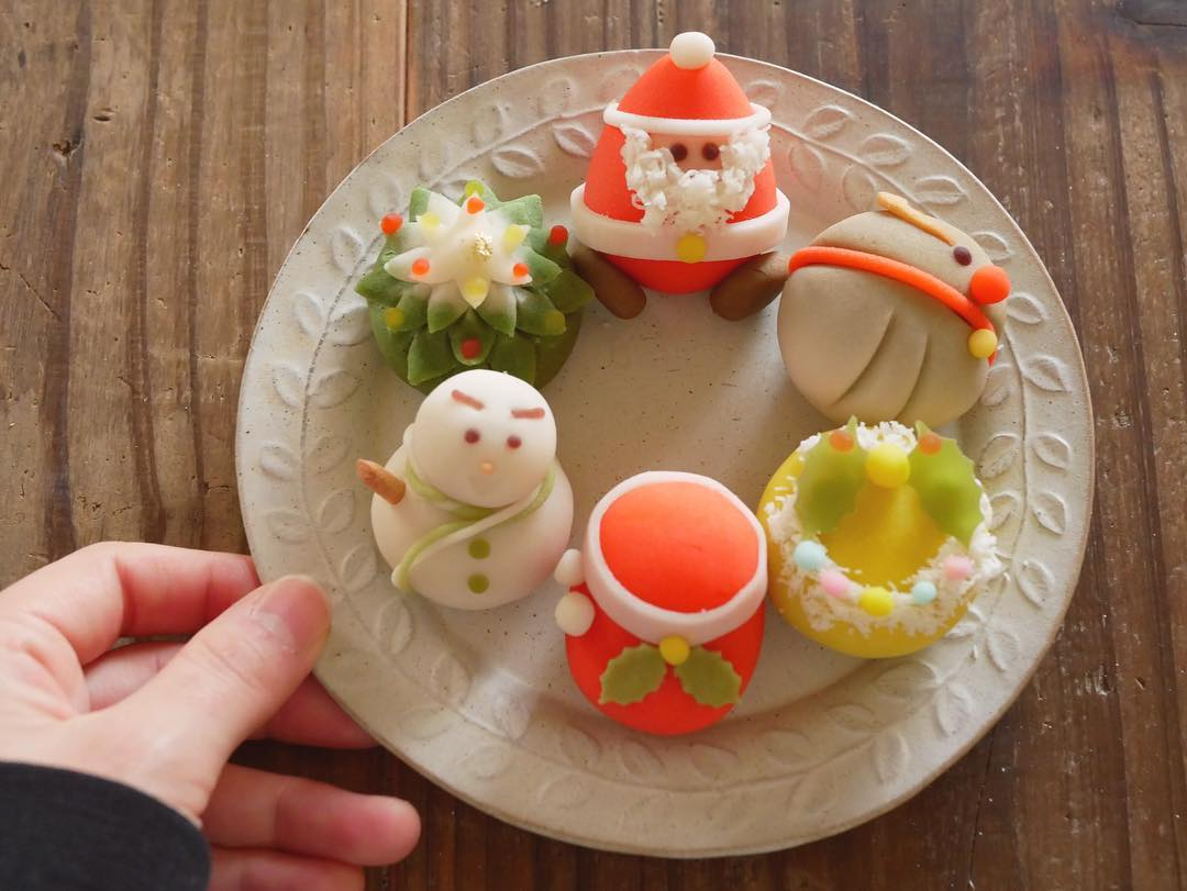 Christmas in Japan - plate of Christmas-themed wagashi