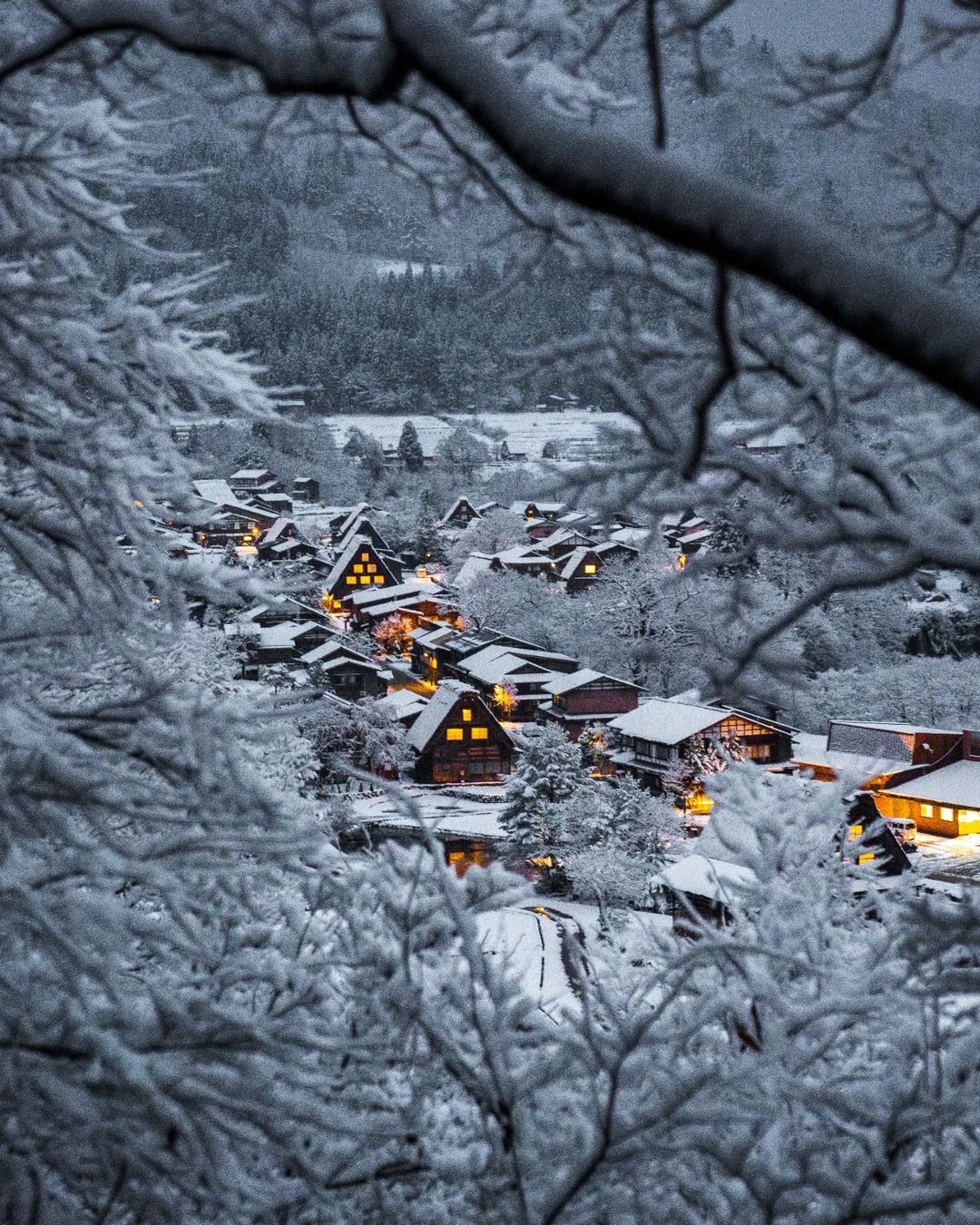 Cities in Japan to see snow - view of Shirakawa-go from the observatory deck