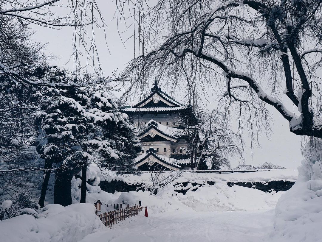 Cities in Japan to see snow - front view of Hirosaki Castle's exterior