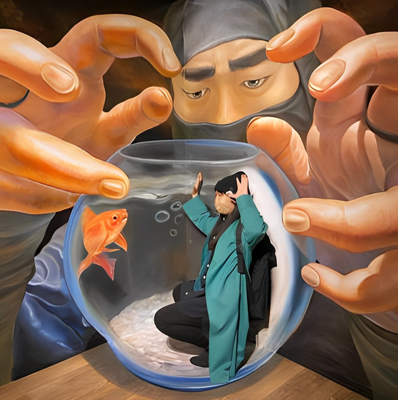 Nara Kingyo Museum - visitor pretending to be trapped in a fish bowl